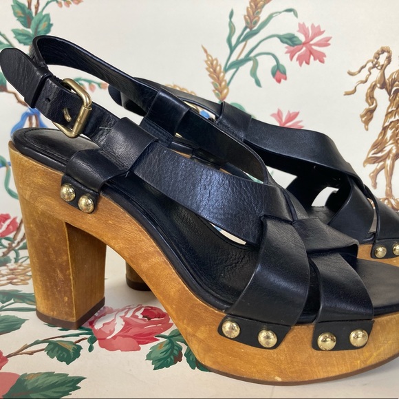 Coach Strappy Black Leather Platform Wooden Clogs - Picture 8 of 9